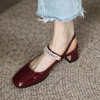 new summer shoes women sandals square toe mid heels sandal pearl crystal pumps ladies dress shoes office elegant mary jane 2022