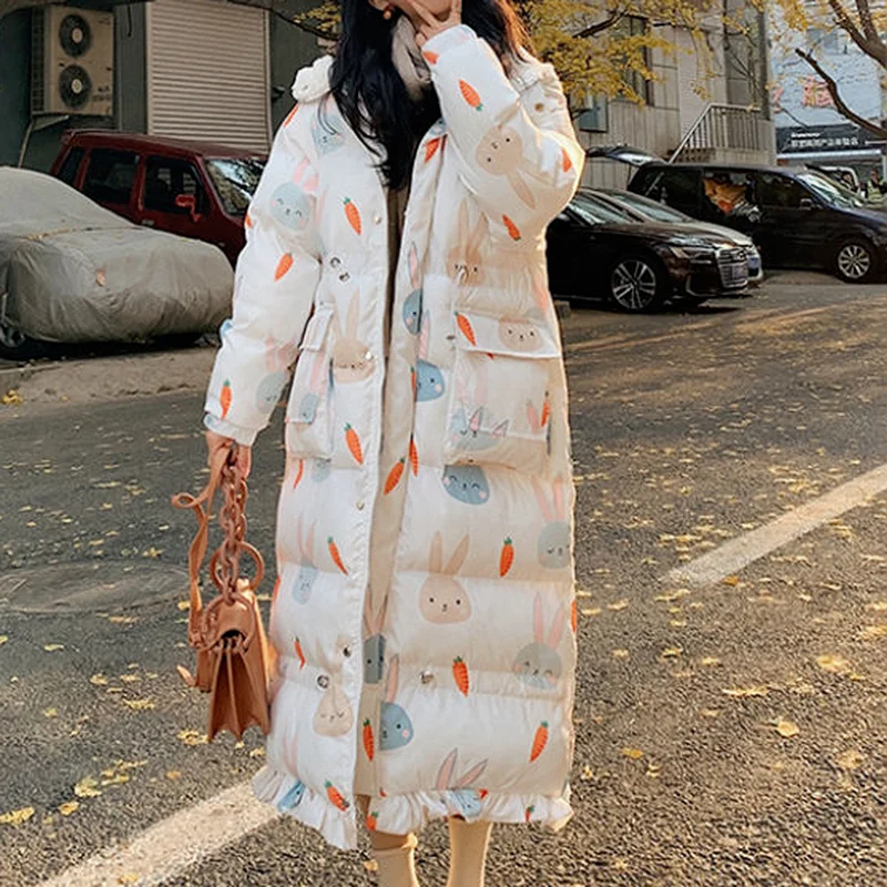 Women's New Over-the-knee Korean Loose Mid-length Thick Fishtail Cotton-padded Jacket Cute Rabbit Ears Cotton-padded Jacket