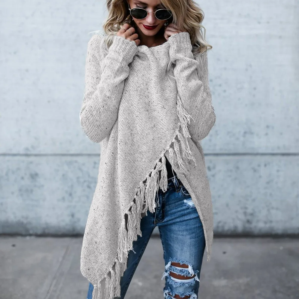 Poncho de invierno de manga larga para mujer cárdigan de lana con borla informal cárdigan de gran tamaño chal para mujer dobladillo con flecos chaquetas de suéter para mujer