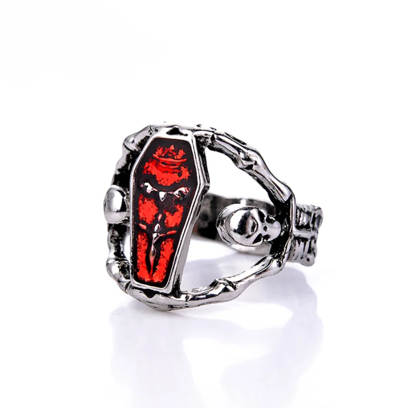 

European and American Retro Hip-hop Personality Fashion Vampire Diary Skeleton Coffin Men and Women Punk Ring Jewelry