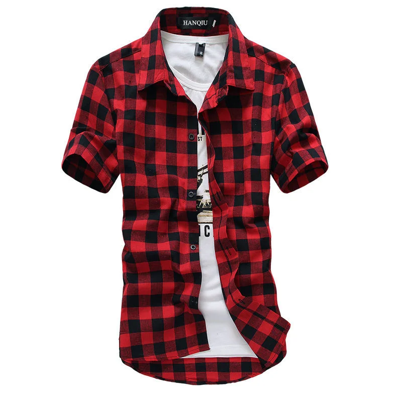 

Red And Black Plaid Sirt Men Sirts 2023 New Summer Fasion Cemise omme Mens Ceckered Sirts Sort Sleeve Sirt Men Blouse