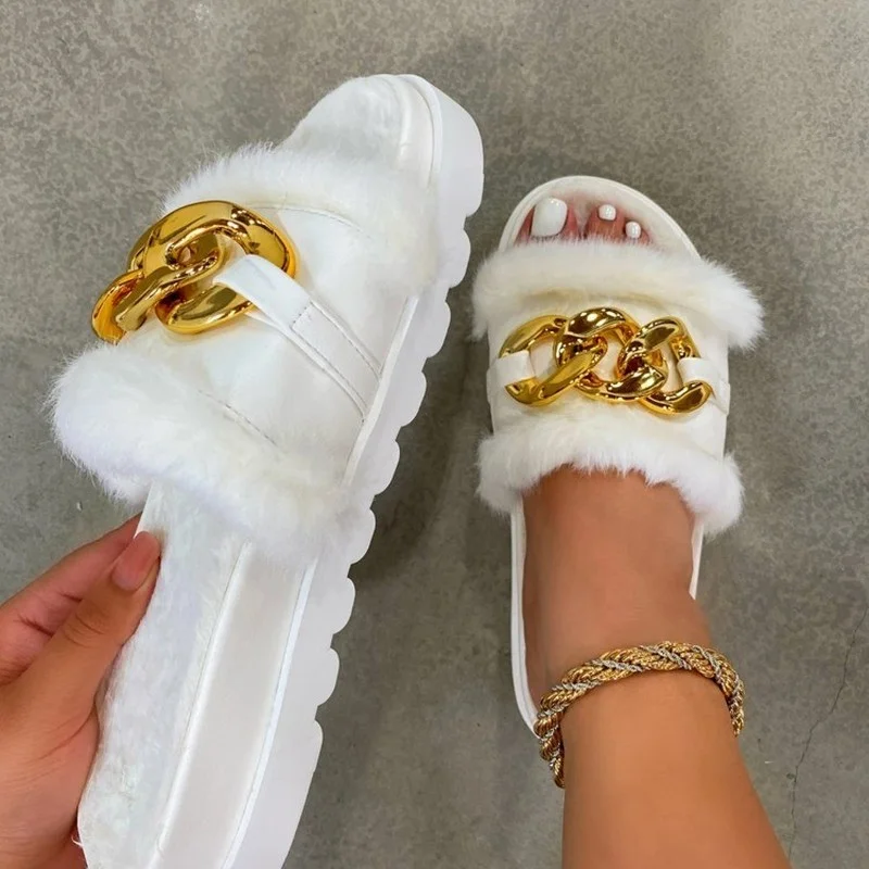 Winter Plush Slippers Fashion Open Toe Solid Women's Sandals Female Metal Chain Outdoor Ladies Casual indoor Warm Fluffy Shoes