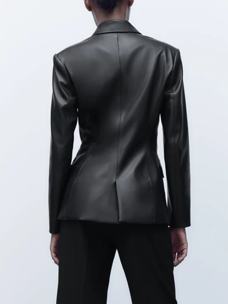 

TRAF Newest Women Fashion Faux Leather Blazers Coat 2022 Vintage Long Sleeve Pockets Jacket Female Casual Outerwear Chic Tops