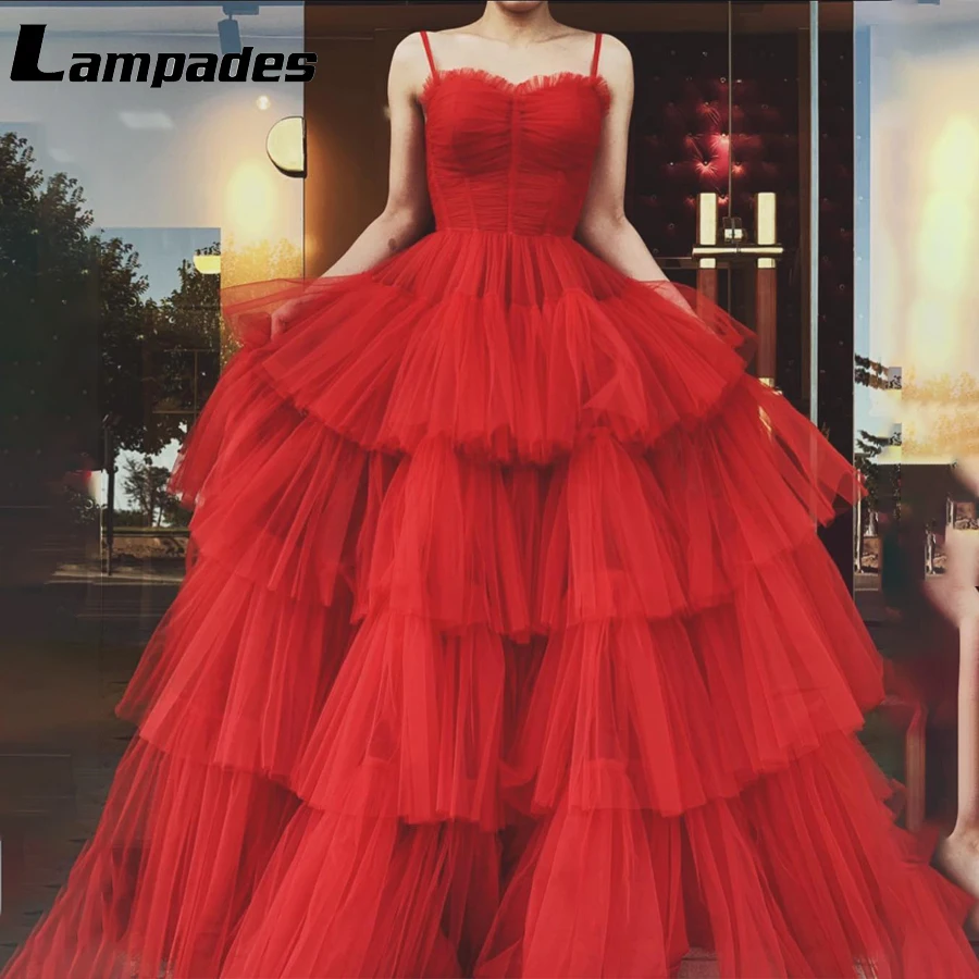 

Spaghetti Straps Ruffles Tulle Red Ball Gown Evening Dress Robe De Soiree Femme Pour Mariage Abiti Eleganti Donna Da Cerimonia