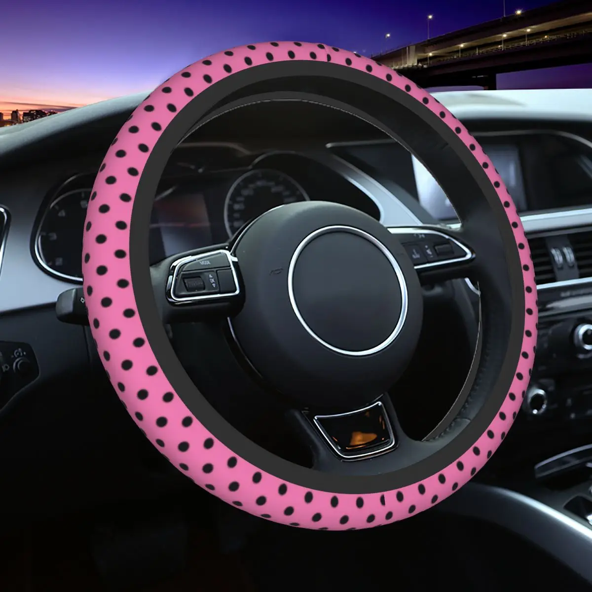 

37-38 Car Steering Wheel Cover Pink Polka Dot Elastic Cute Car-styling Suitable Auto Accessories