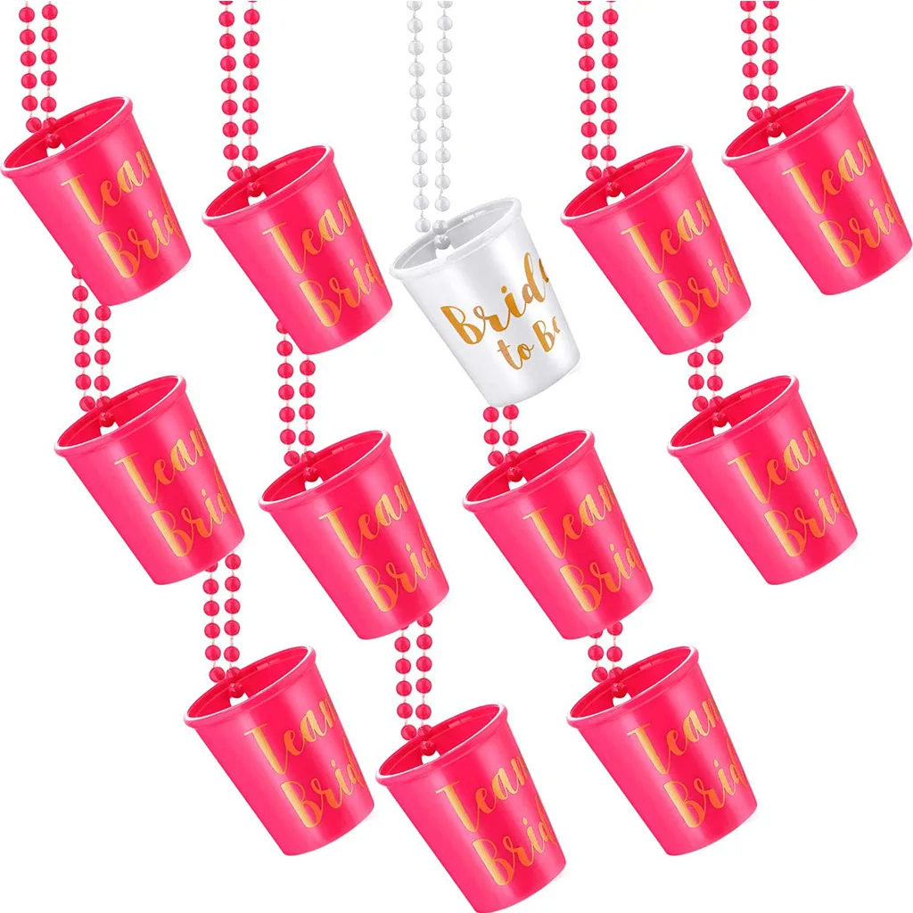 12 Pieces Shot Cup Necklace Bridal Shot Glass Necklace Pink And White Team Bride And Bride To Be Wedding Party And Bridal Shower images - 6
