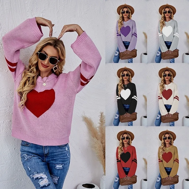 

Women Pullover Sweaters Casual Loose Round Neck Love Printed Knitted Pink Sweater Gothic All-match Women Winter Sweater Clothes
