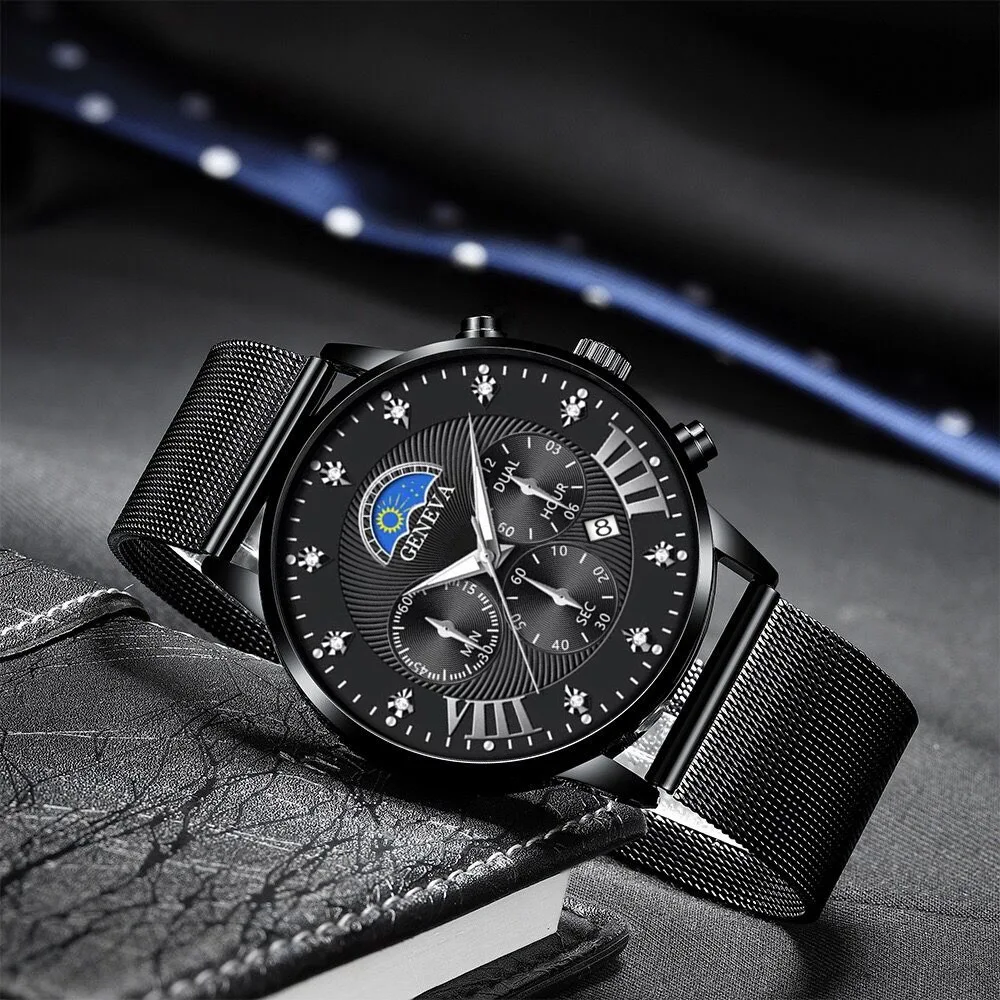 

2022 Brand Luxury Calendar Black Watches for Men Stainless Steel Mesh Quartz Wrist Watch Male Casual Sports Clock часы мужские