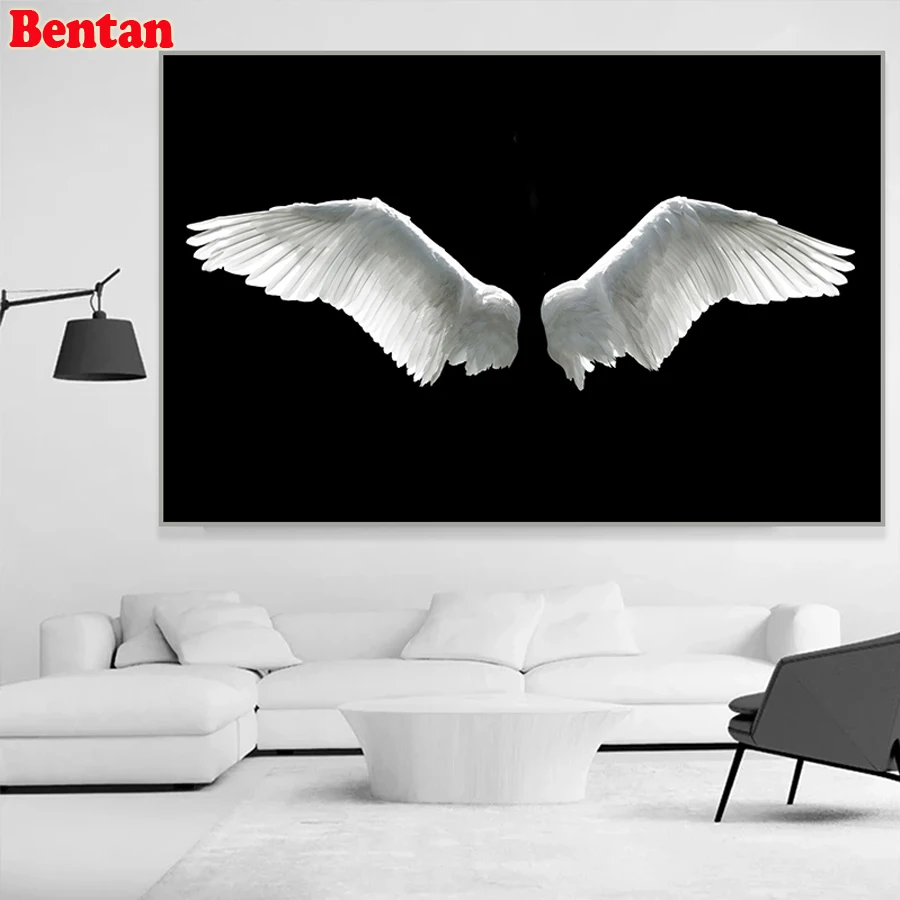 

Black White Angel Feather Wings 5D Diamond Painting Cross Stitch Full Diamond Embroidery Rhinestones Home Decor Amazing Artwork