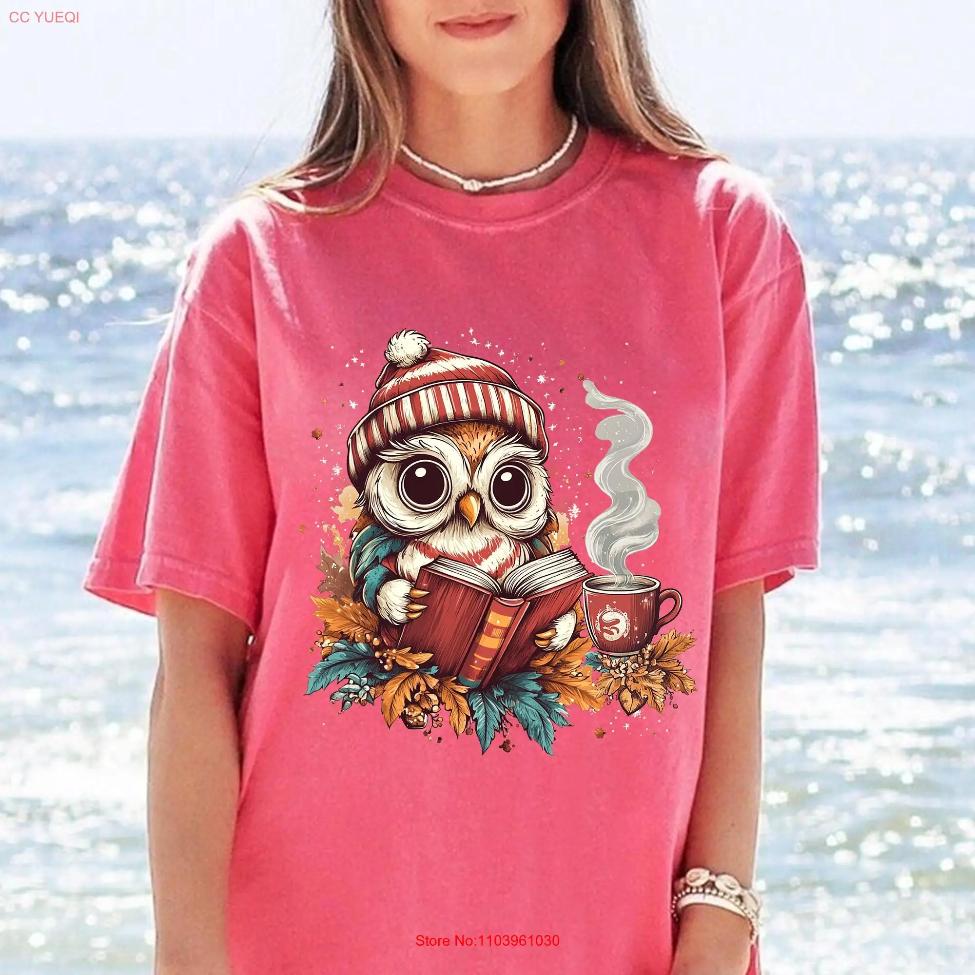 Уютная футболка для чтения с совой милая осень кофейной чашкой осенняя теплая