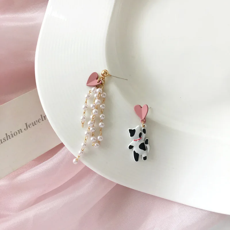 

Kitten Cute Tassel Girls Clip on Earrings Fairy Asymmetric Hearts Pearl Earrings
