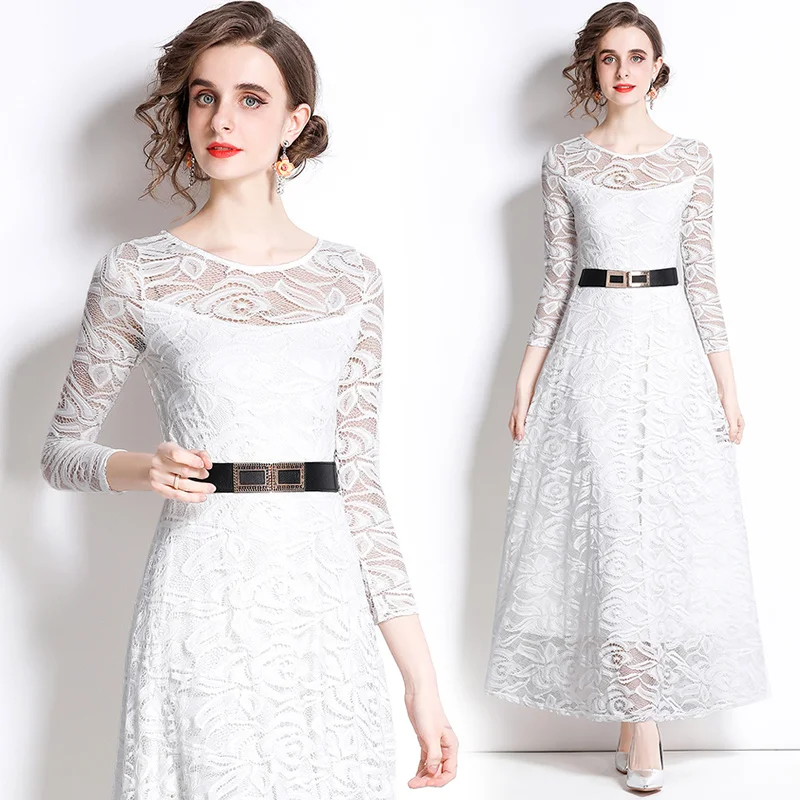 

Women's Summer New High End Temperament Round Neck Long Sleeve Lace Embroidery Belt Slim Fit Splice Fashion Swing Dress