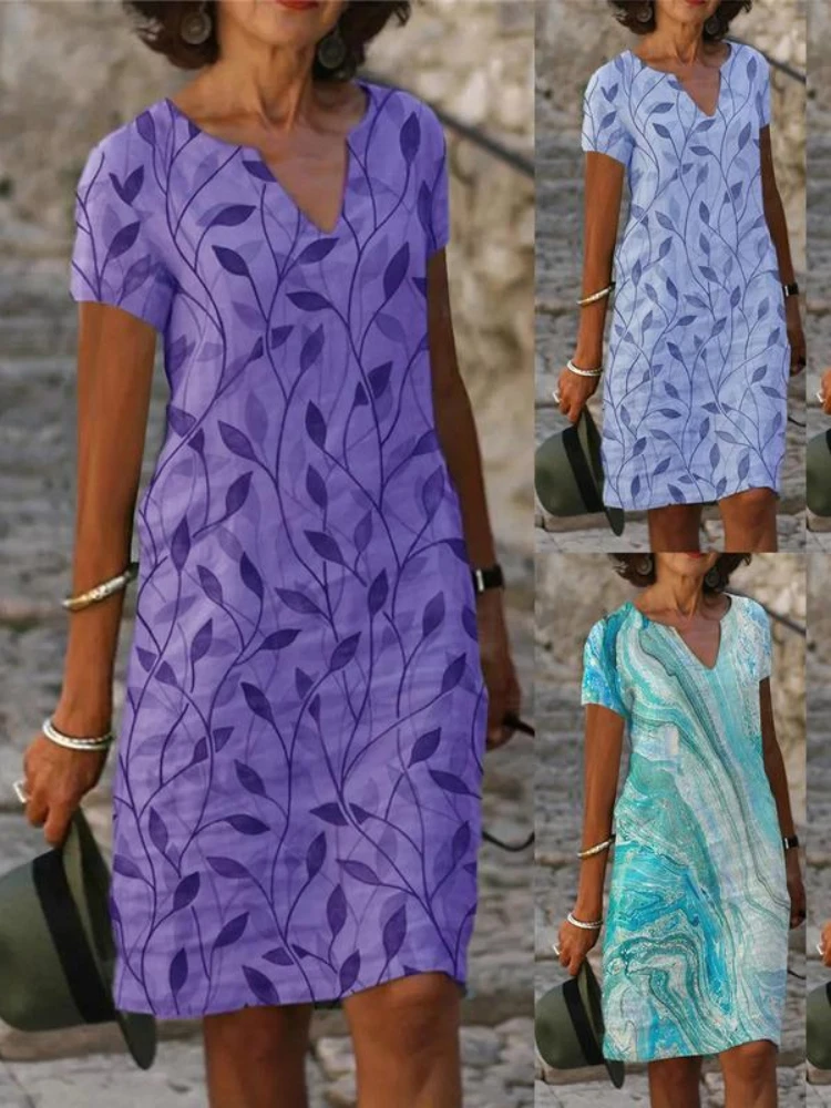 

2023 женское Удобное повседневное Хлопковое платье-пуловер с принтом конопли и V-образным вырезом, свободное платье с коротким рукавом