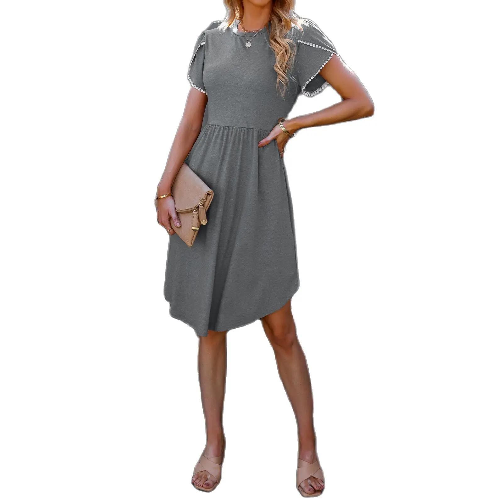 

2022 Europe And America Solid Color Summer Dress O-neck Cotton Ruffles Sleeves Dress Loose Style Women Clothes Drop Shipping