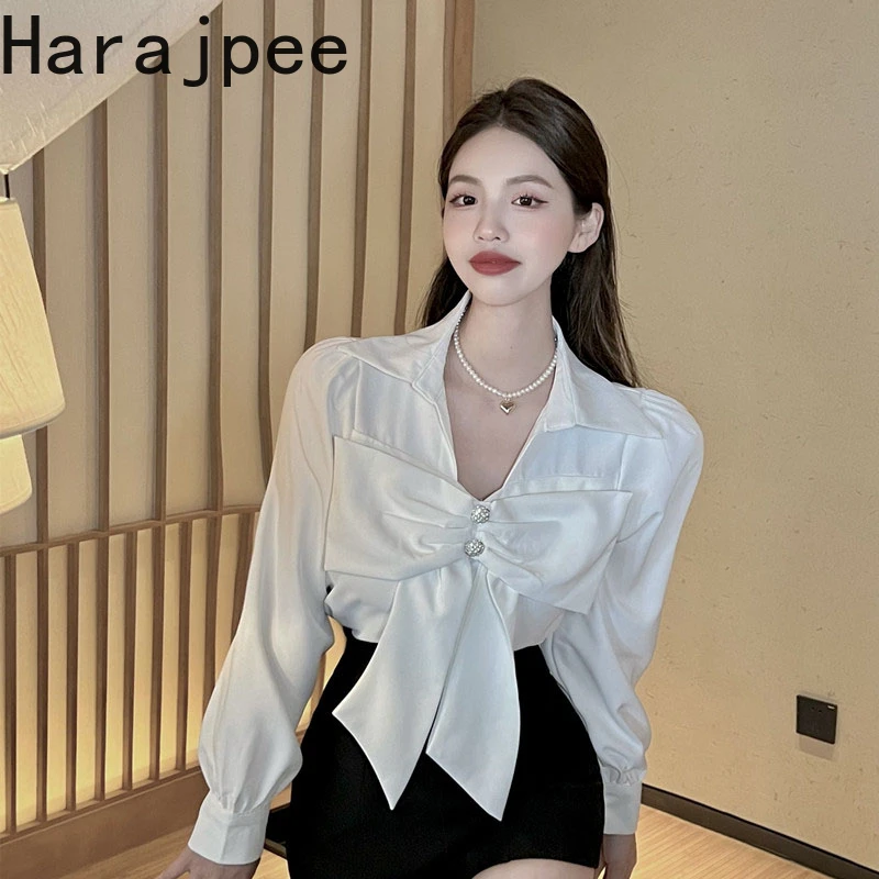 

Harajpee V-neck Shirt Bowknot Elegant Solid Pullover Slim Office Lady All-match Blouse Spring New Korean Chic 2022 Women Tops