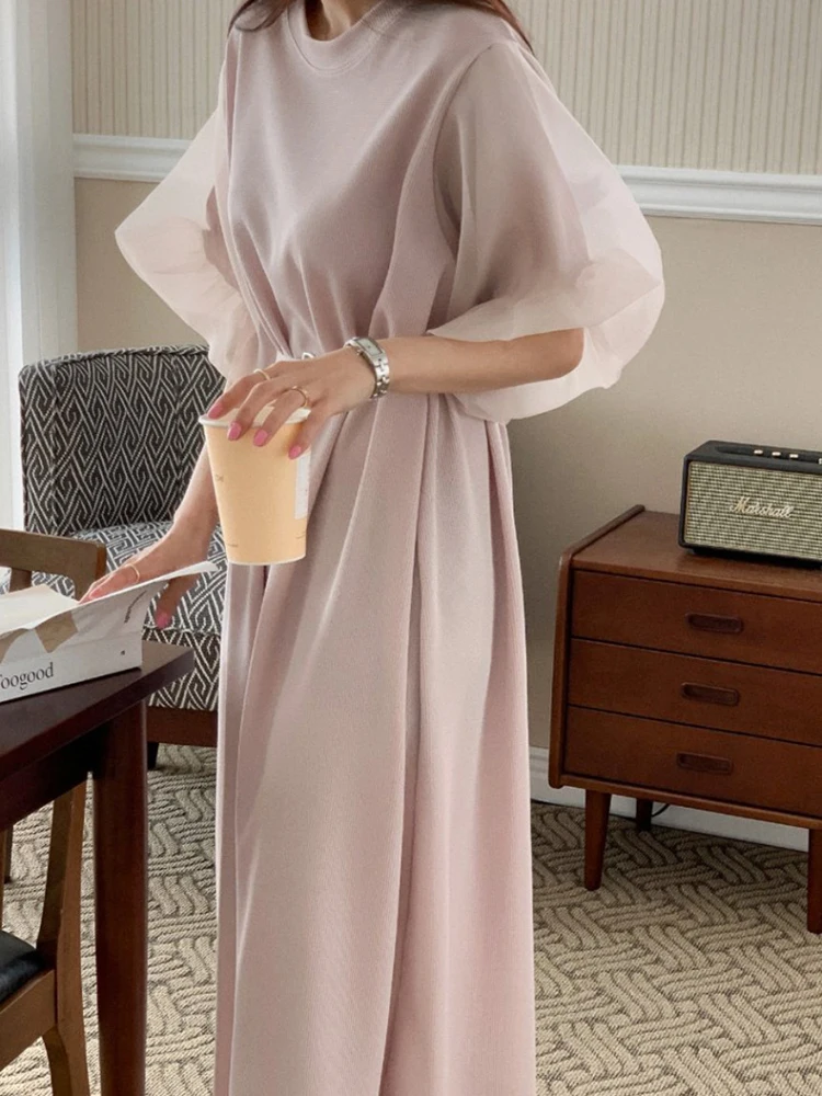 

Patchwork Mesh Sashes For Women O Neck Lantern Sleeve High Waist Midi Dresses Female 2022 Summer Fashion Clothing Style