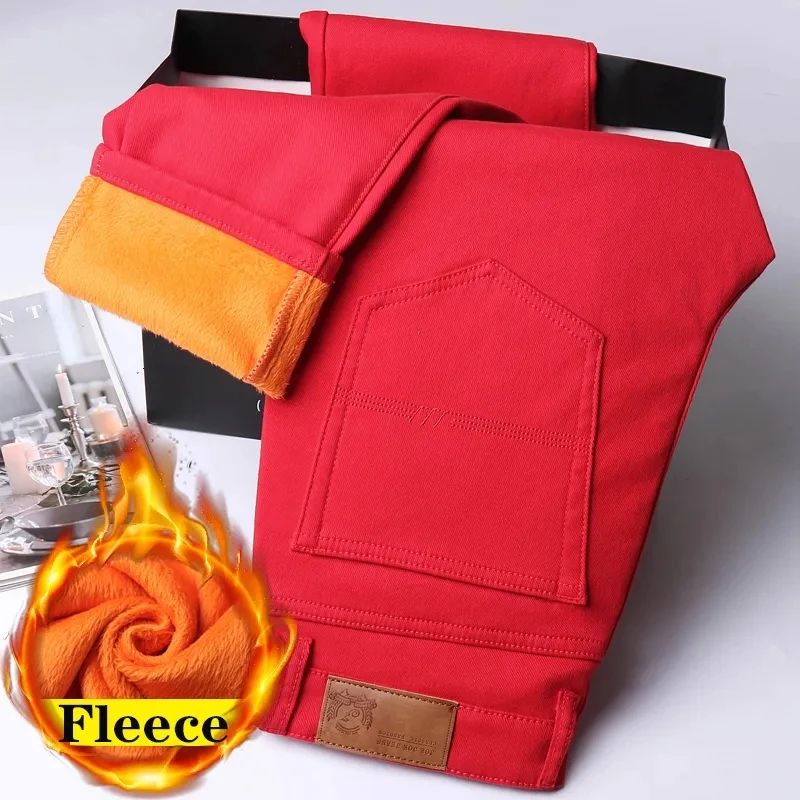 

Winter Men's Red Color Fleece Thick Jeans Classic Style Business Casual Cotton Stretch Denim Warm Brand Male Trousers