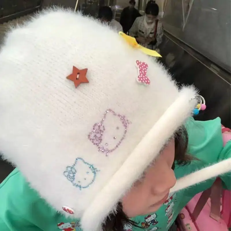 

Hellokittys Anime Cartoon Hat Knitted Plush Cute Baotou Rhinestone Kawaii Sweet Outdoor Warm Dome Hat Girls Holiday Gift