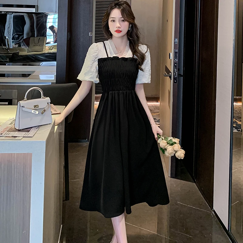 

Summer Patchwork Jacquard Chiffon Short Sleeve V-Neck Midi Dress 2022 Women Korean Vintage Black Hepburn Casual Party Maxi Dress