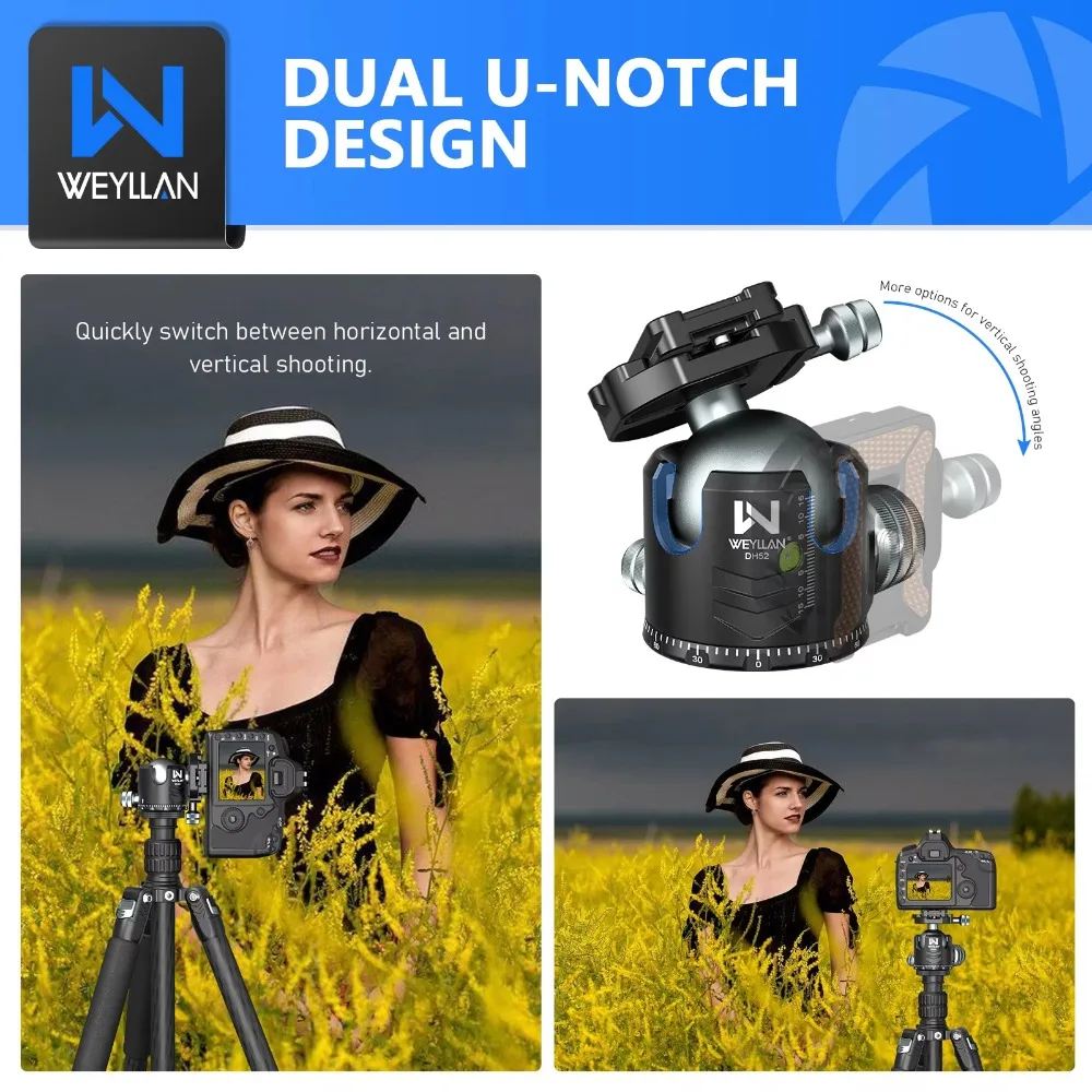 Фото WEYLLAN 52 мм профессиональная головка штатива для DSLR камеры штатив монопод Arca БЫСТРОРАЗЪЕМНАЯ пластина Низкопрофильная шариковая головка Максимальная нагрузка 30 кг №3