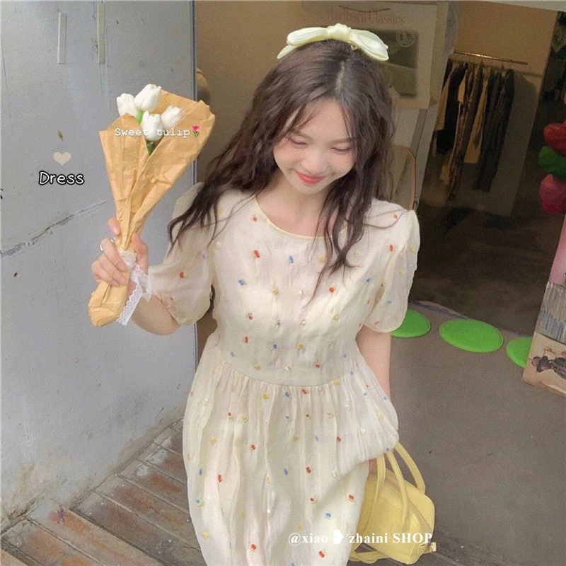 

Gentle Wind Embroidered Puff Sleeve Dress Female 2022 New Summer Small Design Skirt A-line Skirt Midi