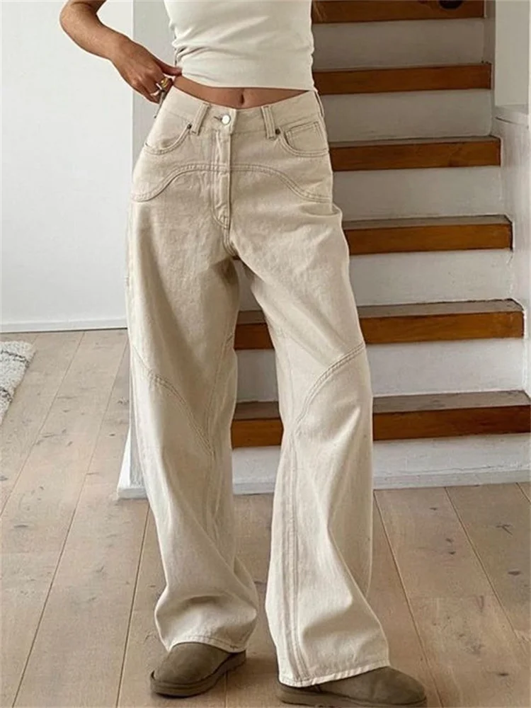 

QWEEK 90s Vintage Beige Jeans Women Y2K Korean Fashion Oversized Wide Leg Denim Pants Female Retro Basic Baggy Pantalon