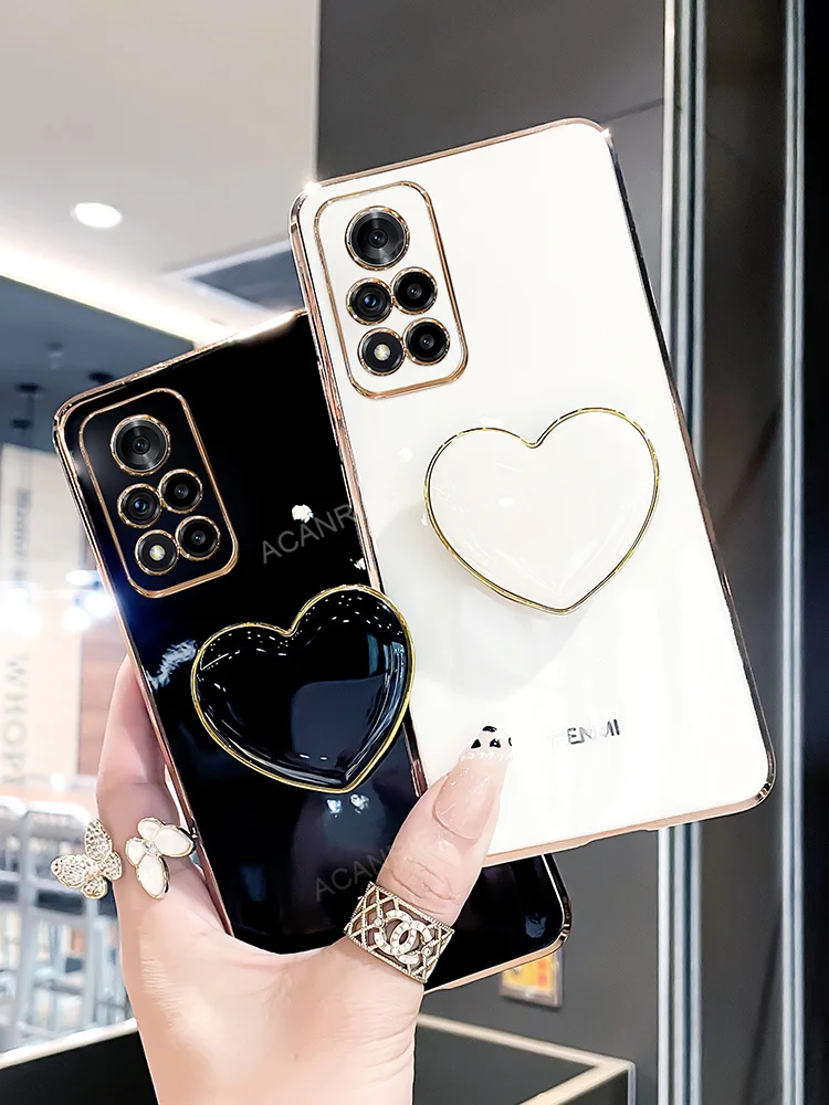 

Fold Holder Case On For Xiaomi Redmi Note 11 pro 5g s 11pro note11 4g 2022 11pro Luxury Plating Love Heart Stand Silicone Cover