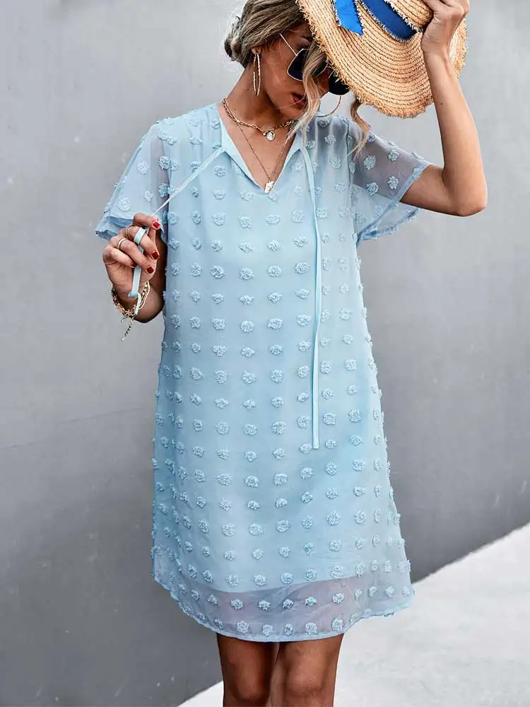 

Летнее свободное Тюлевое платье, женское вечернее платье с V-образным вырезом, Женское Платье До Колена с коротким рукавом для женщин