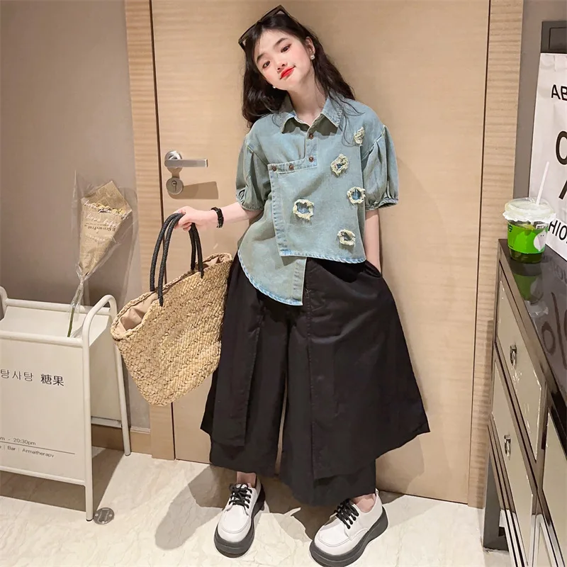 

Girls Summer Set 2023 New Fashionable Girls Big Kids Summer Denim Shirt Cotton Pants Two-Piece Set