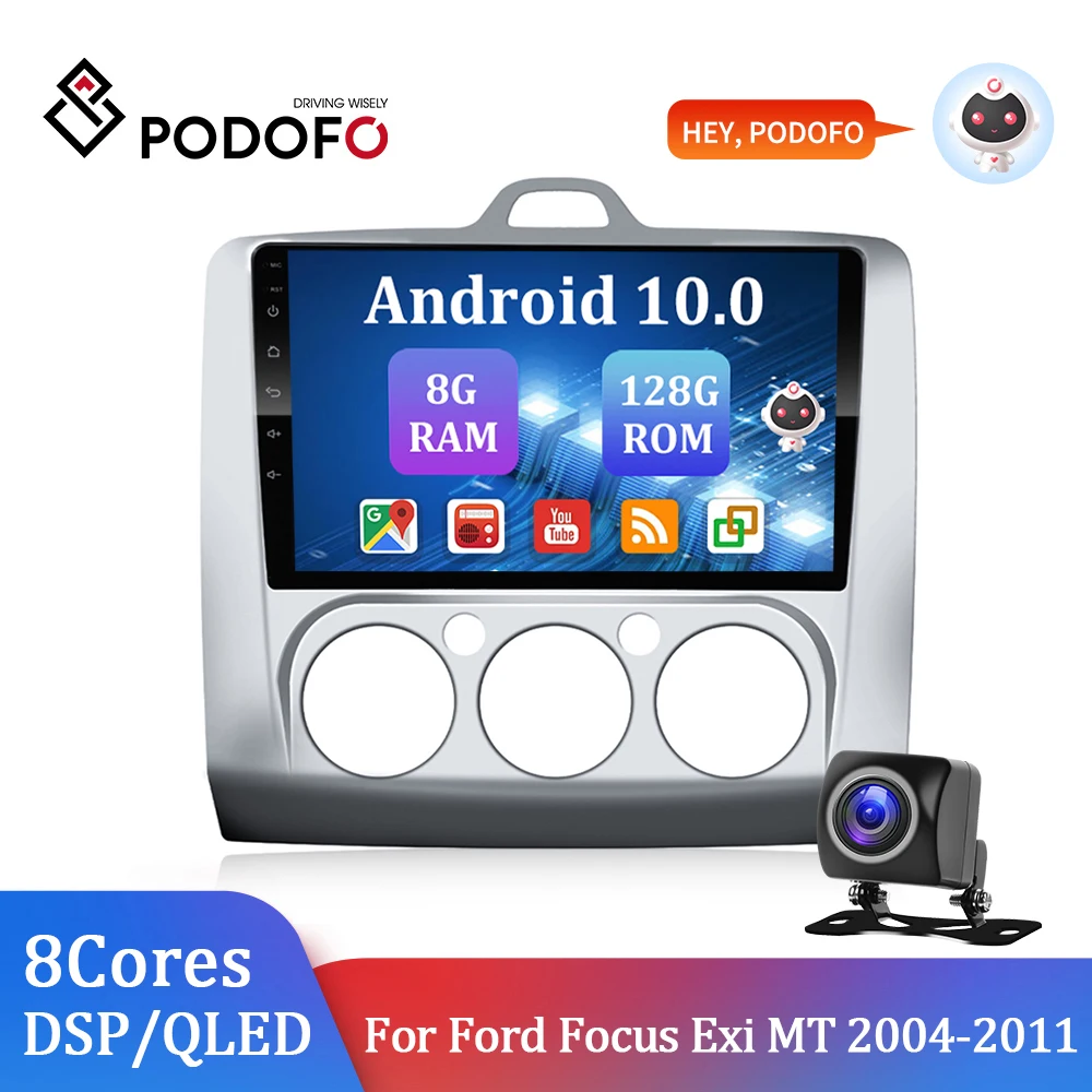 

Podofo 2Din 9 "автомобильное радио Android 10 8 ядер 8G + 128G 4G Wifi Carplay DSP GPS для Ford Focus Exi MT 2004-2011 Авторадио Стерео