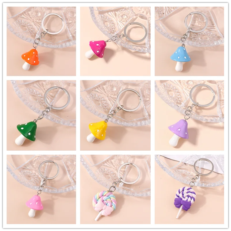 

70 Styles Cute Colorful Cartoon 3D Resin Mushroom Keychains Lollipop Frog Key Rings Key Chain for Women Car Handbag Pendant