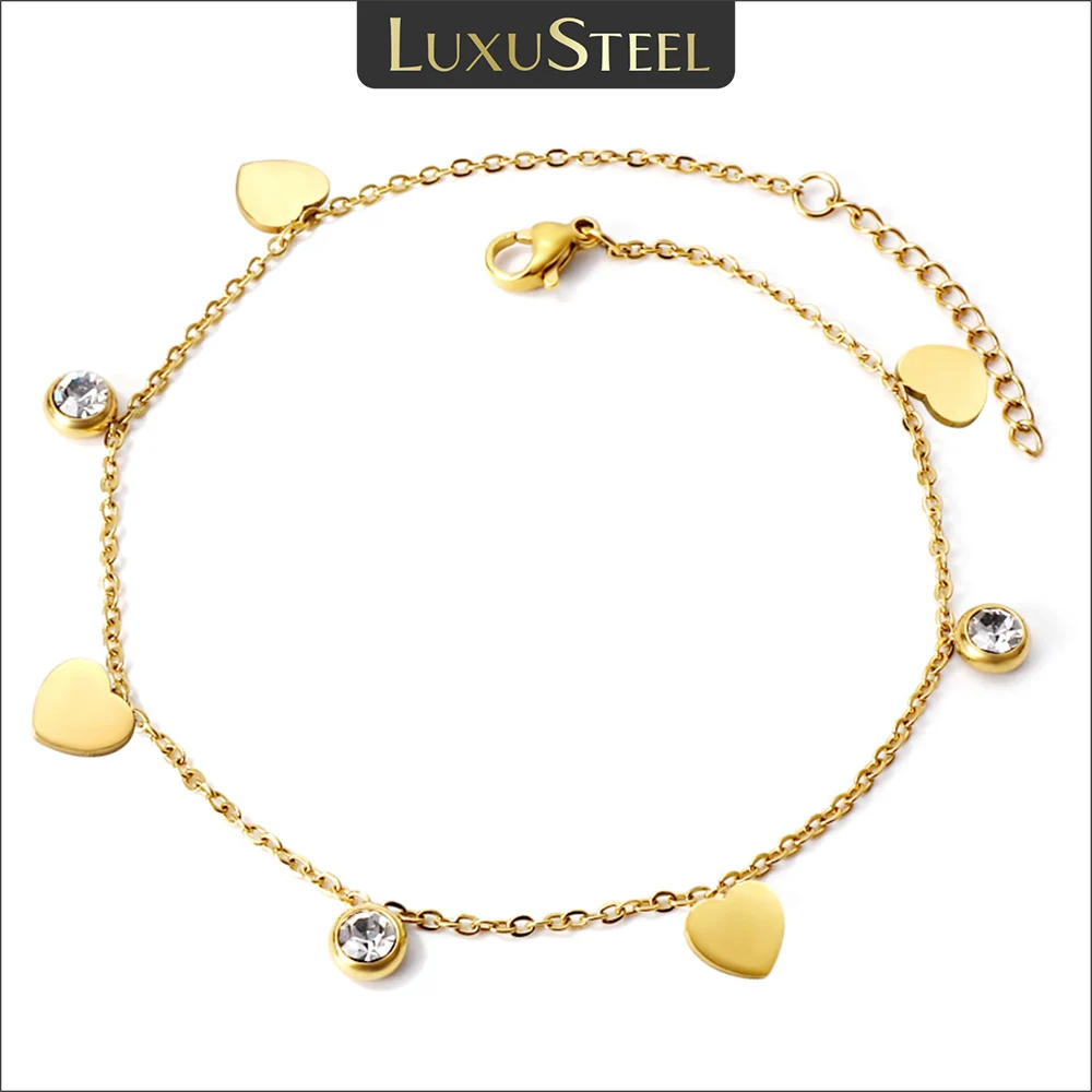 

LUXUSTEEL Simple Heart Charm With Crystal Anklets for Women Stainless Steel Waterproof Ankle Bracelet Summer Beach Accessories
