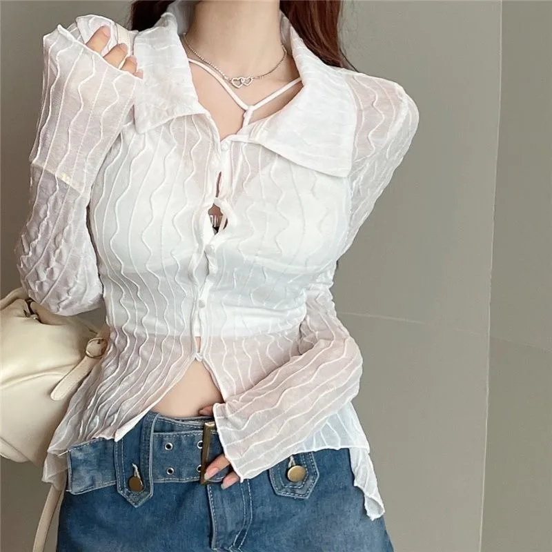 

2023 Fashion Slim See Through Blouse Women Autumn Sexy Korean Style Long Sleeve Turn-down Collar Lady Shirt New Chic Tops 28146