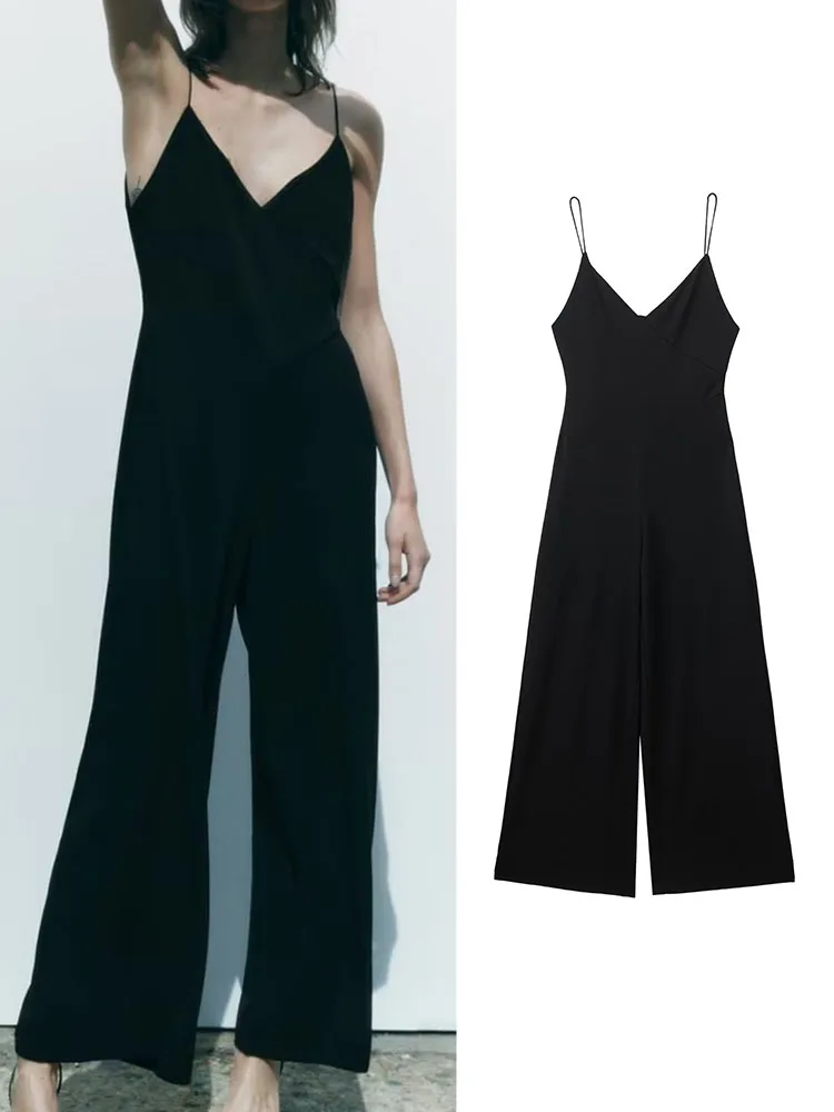 

TRAF Summer Women Black Jumpsuits 2023 New Solid Deep V-neck Sleeveless Jumpsuits Beach Club Party Style Wide Leg Pant Bodysuit