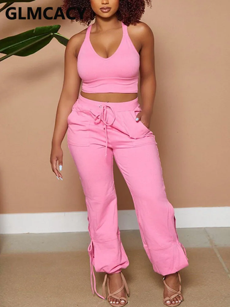 

Women Two Piece Casual Summer Suits Sleeveless Crop Top & Drawstring Slim Pants Set