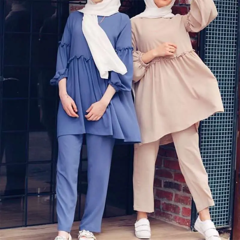 

Muslim Ladies 2 Piece Suit Outfits Set Lantern Sleeve Frill Pullover Tops Loose Pants Solid Color Arabic Turkey Islamic Casual