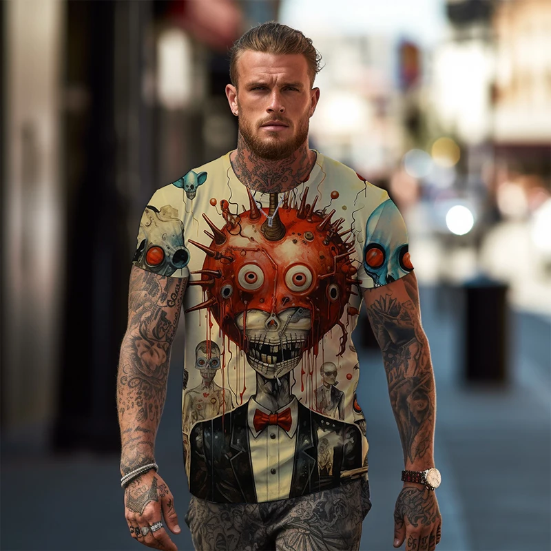 

Футболка мужская с 3D-принтом черепа и ужасов, повседневный удобный топ с круглым вырезом, популярная рубашка, большие размеры, на лето