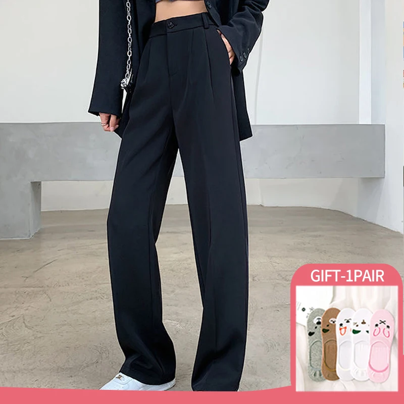 

Korean Fashion Summer Women's Pants Loose High Waist Long Trousers Black White Suits Pants Casual Straight Wide Leg Pants 2022