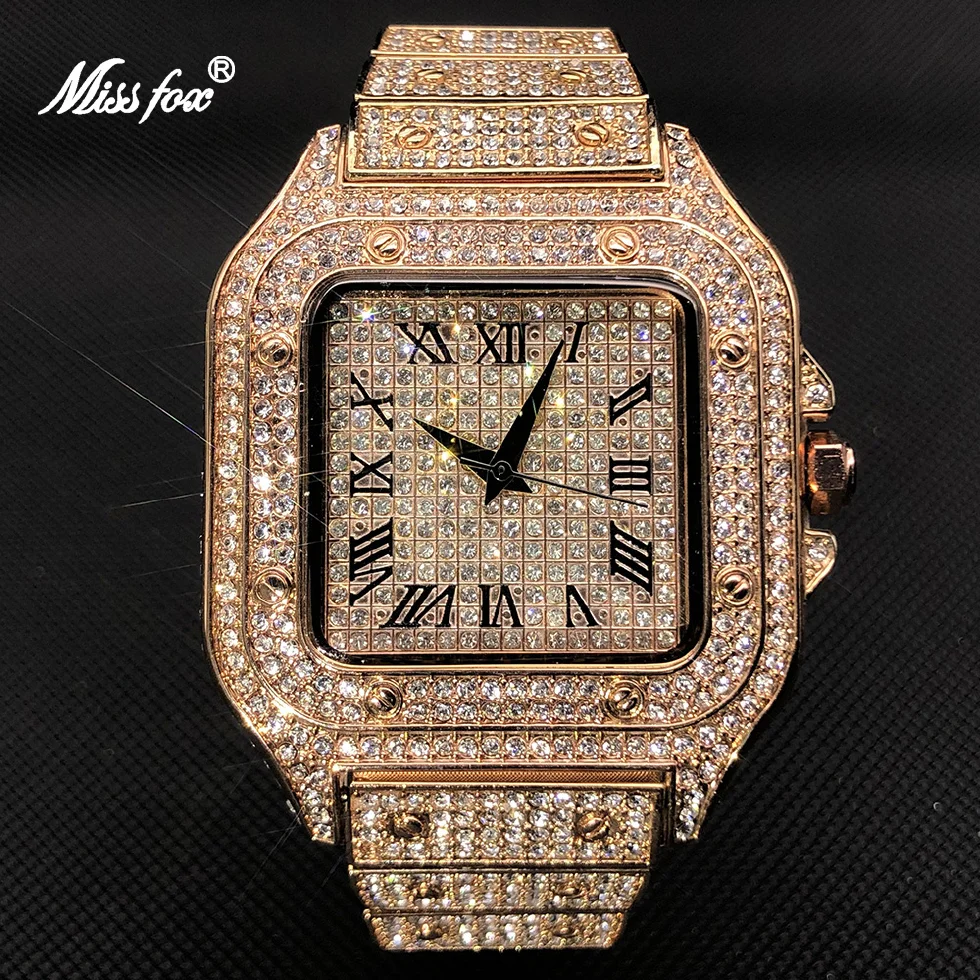 

MISSFOX Hip Hop Men Watch With Diamond Rose Gold Stainless Steel Wristwatch For Male Luxury Trendy Iced Out Jewelry Clock Square
