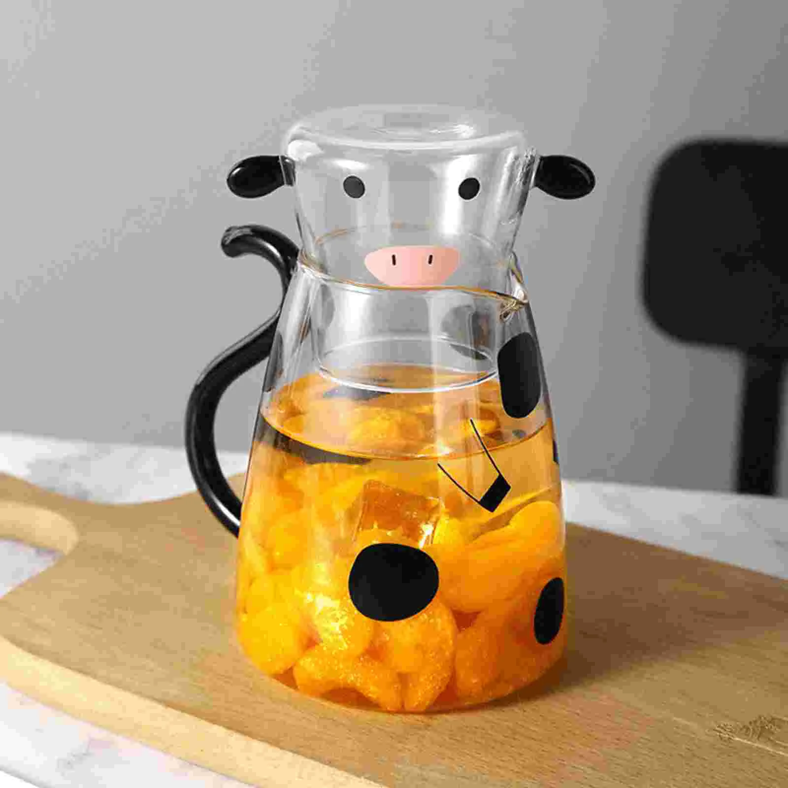 

550ml Glass Water Carafe Set with Cup Lovely Cartoon Cow Cold Kettle Flowering Teapot Iced Beverage Bottle Jug for Housewarming