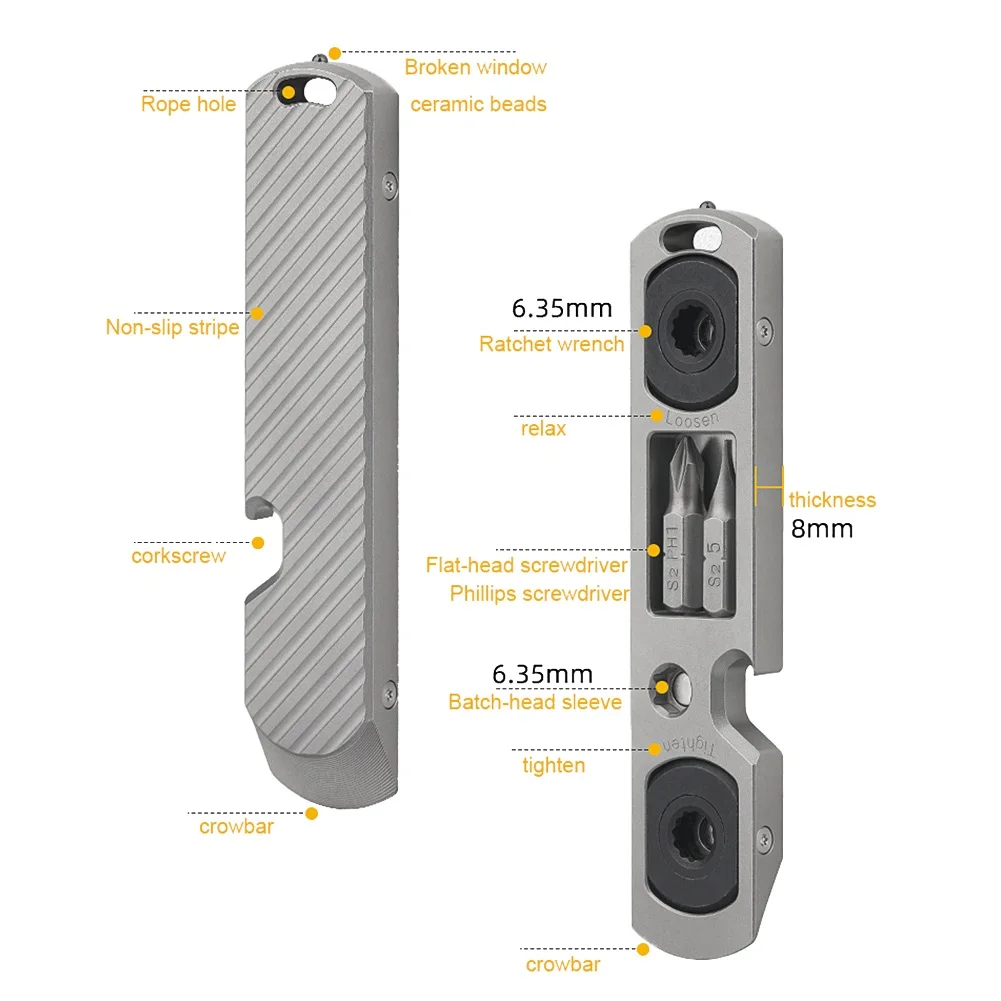 

Многофункциональный лом из титанового сплава, отвертка с двойным храповым механизмом, открывалка для бутылок со сломанным окном и керамическими бусинами, инструменты для повседневного использования