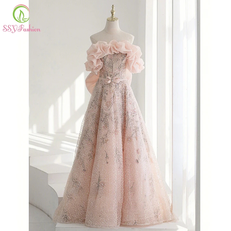 

Женское вечернее платье без бретелек SSYFashion, розовое платье-трапеция из органзы с оборками, бальное платье для вечеривечерние