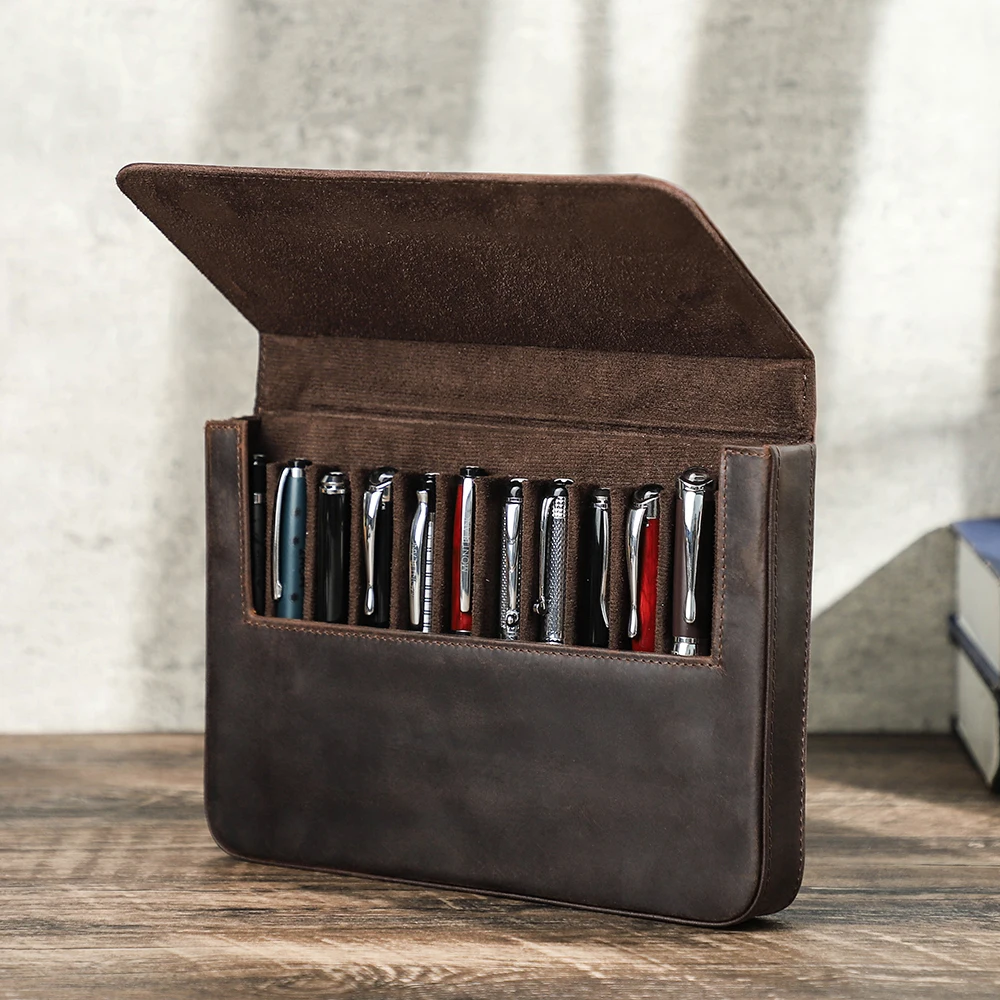 Handmade Retro Crazy Horse Leather 12 Slots Pen Case Pen Organizer Box Storage Adult Men Office Luxury Stationery Big Capacity