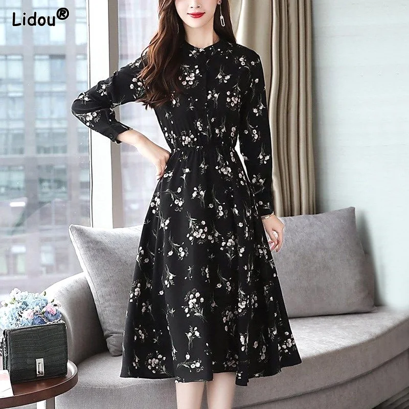 

Office Lady Casual Elastic Waist Button Printing Knee Skirts Dresses Spring Summer Autumn Thin Round Neck Slim Women's Clothing