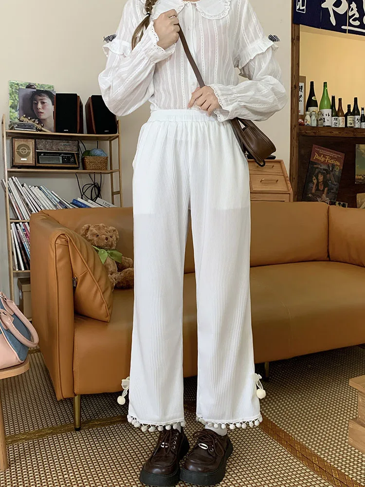 

KIMOKOKM/японские Мягкие штаны для девочек; Милые свободные кружевные брюки с украшением в виде вишни; Kawaii; Однотонные летние тонкие брюки с эластичной резинкой на талии