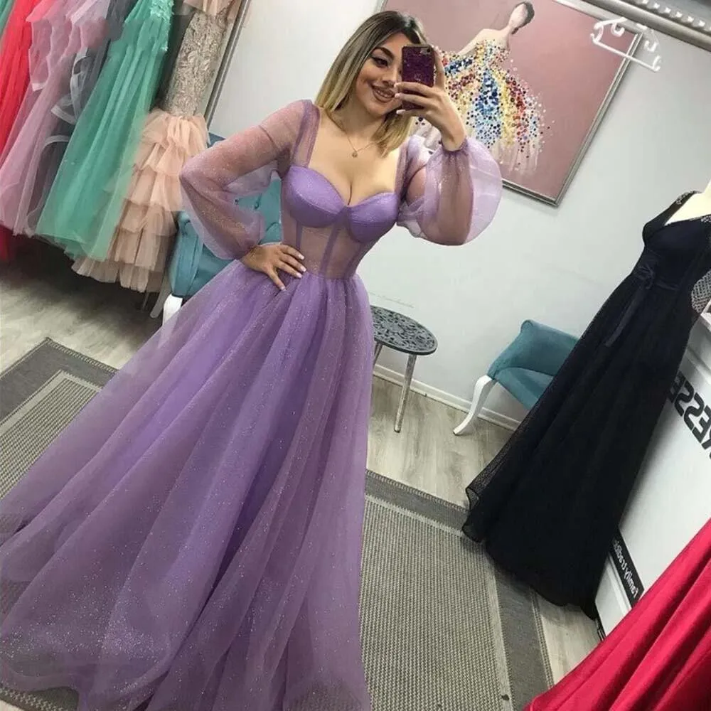

Modern Long Lantern Sleeve Evening Dresses With Illsuin Tulle A-Line Prom Gown Sparkle Floor Length Draped Beach Robe De Soirée