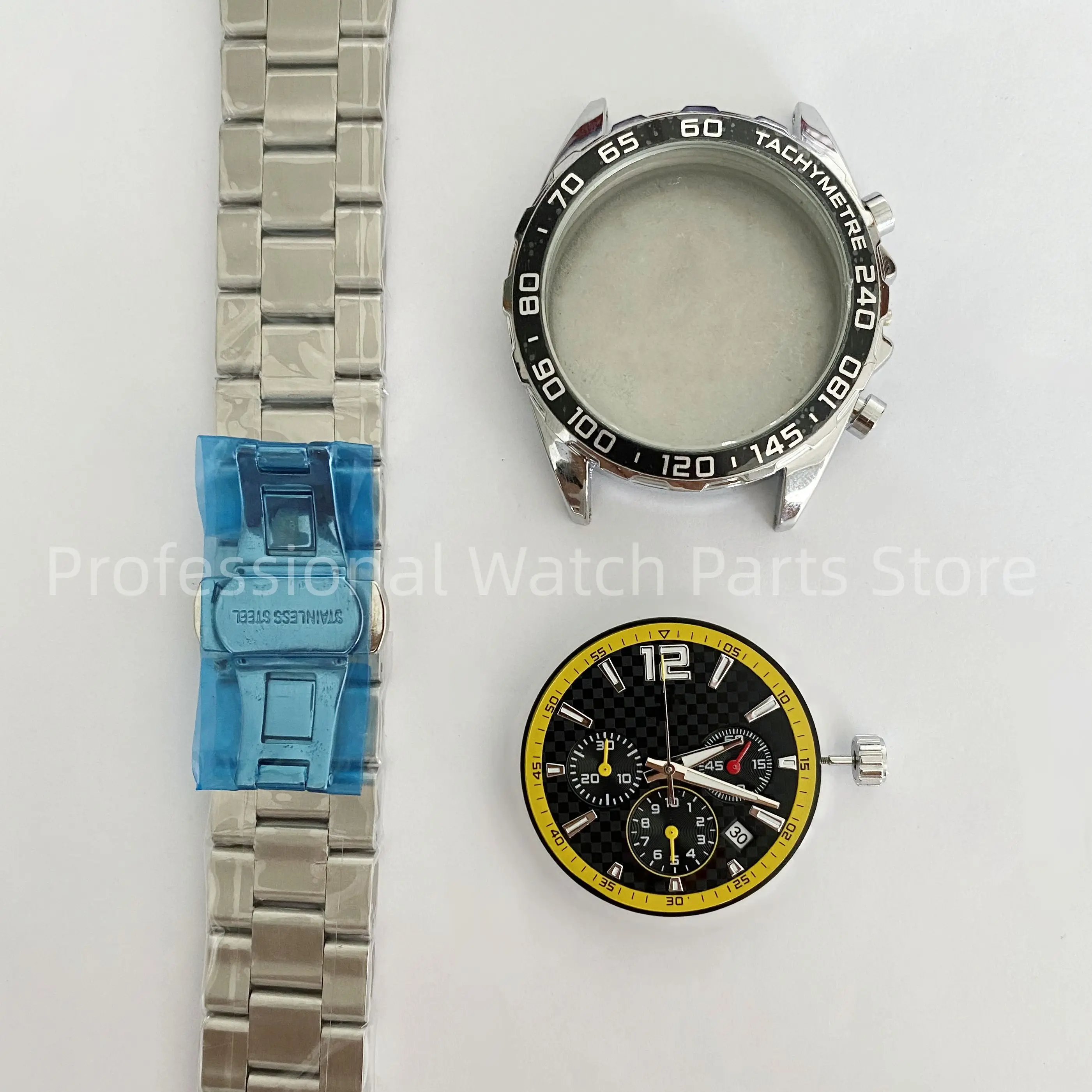43mm Watch Accessories Set Case+Dial+Hands+Crown+Stainless Steel Strap with Complimentary Quartz Movement Set Calendar Window