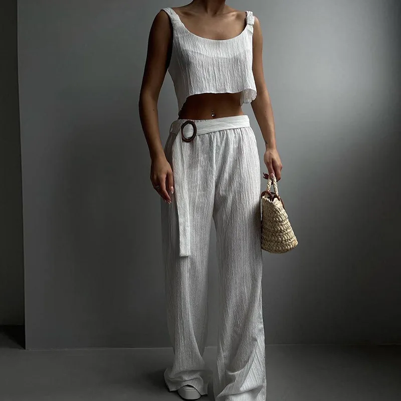 

Casual Women's Suit Summer Sleeveless Two Piece Set Outfits Short Vest High Waist Wide Leg Pants Loose Tank Top Pants