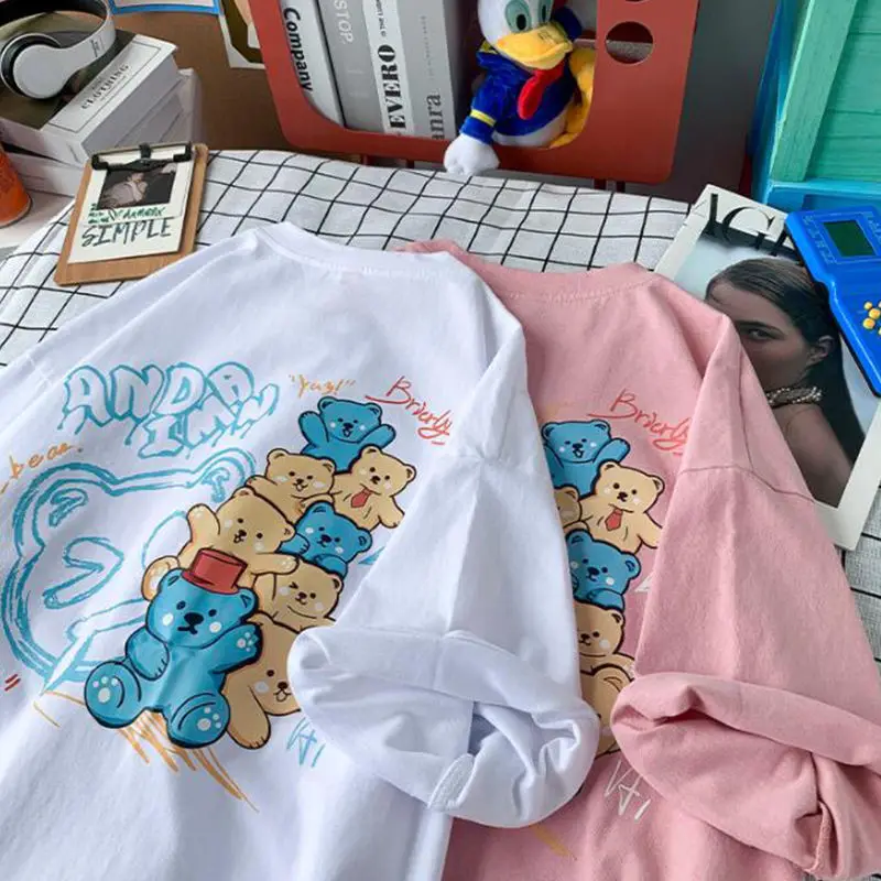 

100% Cotton Cartoon Bear Print Kawaii Clothes Loose T Shirt Women O Neck Short Sleeve Casual Korean Fashion 2023 Summer T-shirts