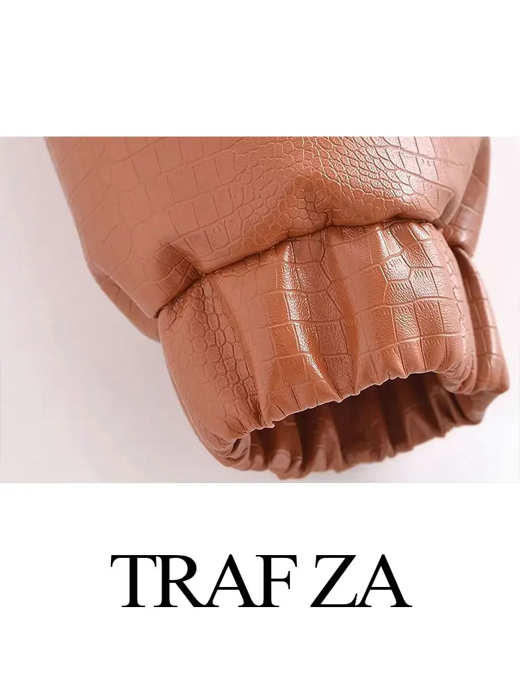 TRAF ZA Womens Pu Leather Jacket Crocodile Pattern Pocket Button Lapel Long Sleeve Coats Fashion Female Punk Vintage Jackets
